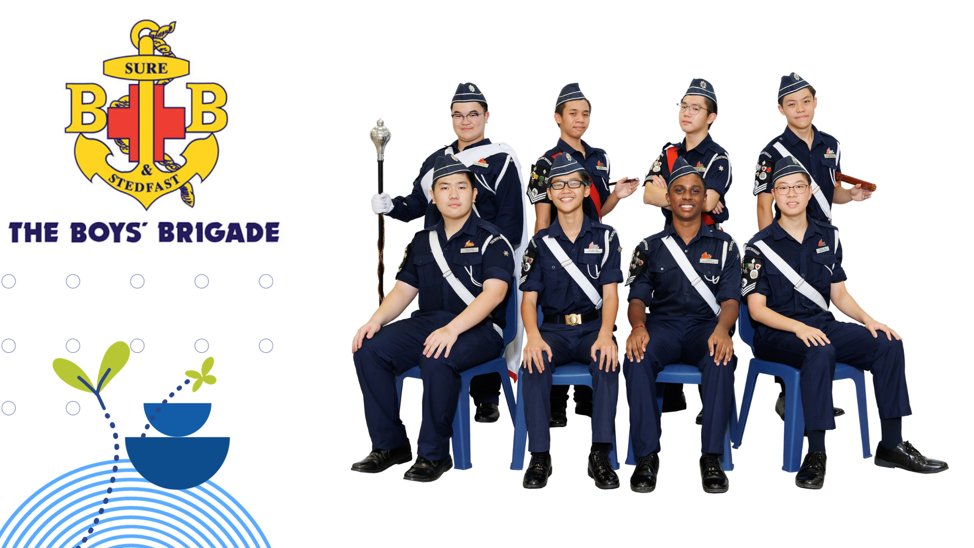 Eight Boys' Brigade members in navy uniforms pose for a group photo, with the Boys' Brigade anchor emblem on the left.